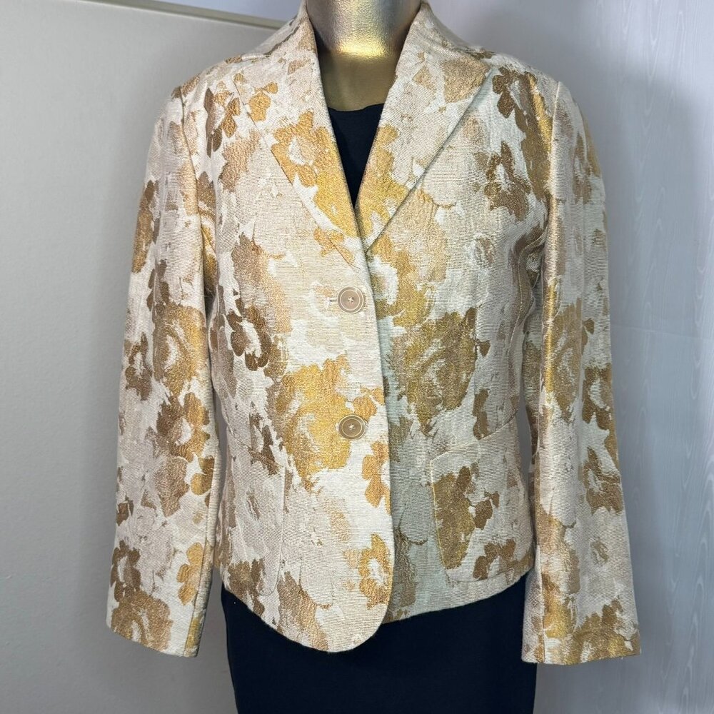 Banana Republic Women's Brocade Blazer Notch Collar Size 4 Metallic Floral Gold